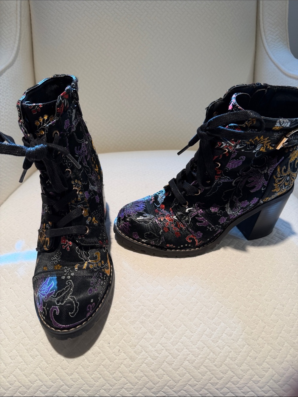 Diba Black Lace-Up Embroidered Ankle Boots with Multicolor Floral Accents